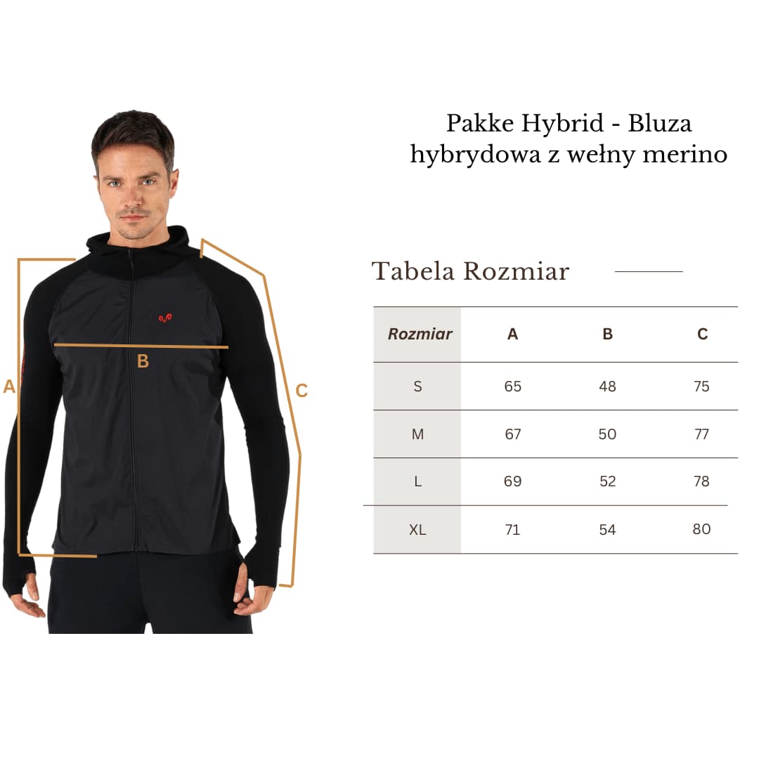 Tabela rozmiarów czarnej bluzy hybrydowej z wełny merino dla rowerzystów