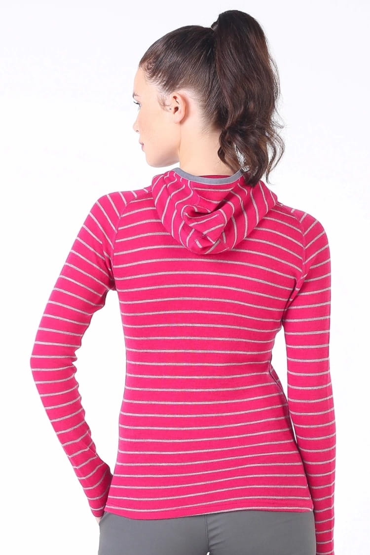 Damska bluza merino z kapturem w różowe paski, 230 g/m²