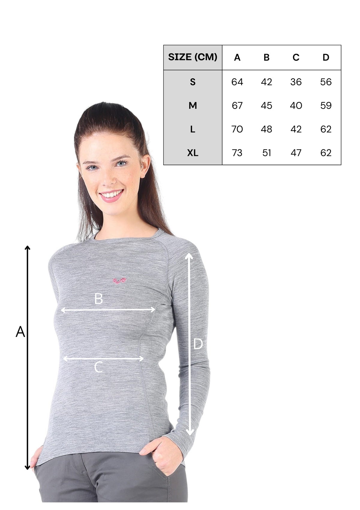 Tabela rozmiarów – Alize – Damska Koszulka Termoaktywna 100% Merino – szary