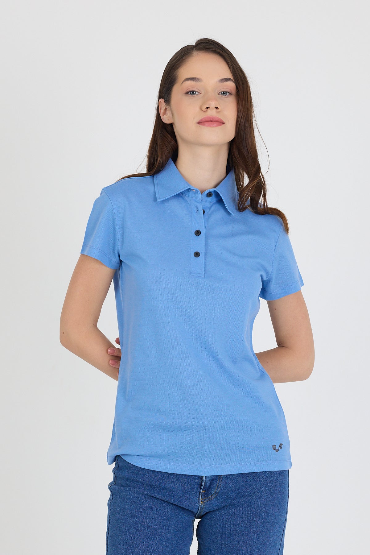Niebieska damska koszulka polo z wełny merino w stylu casual