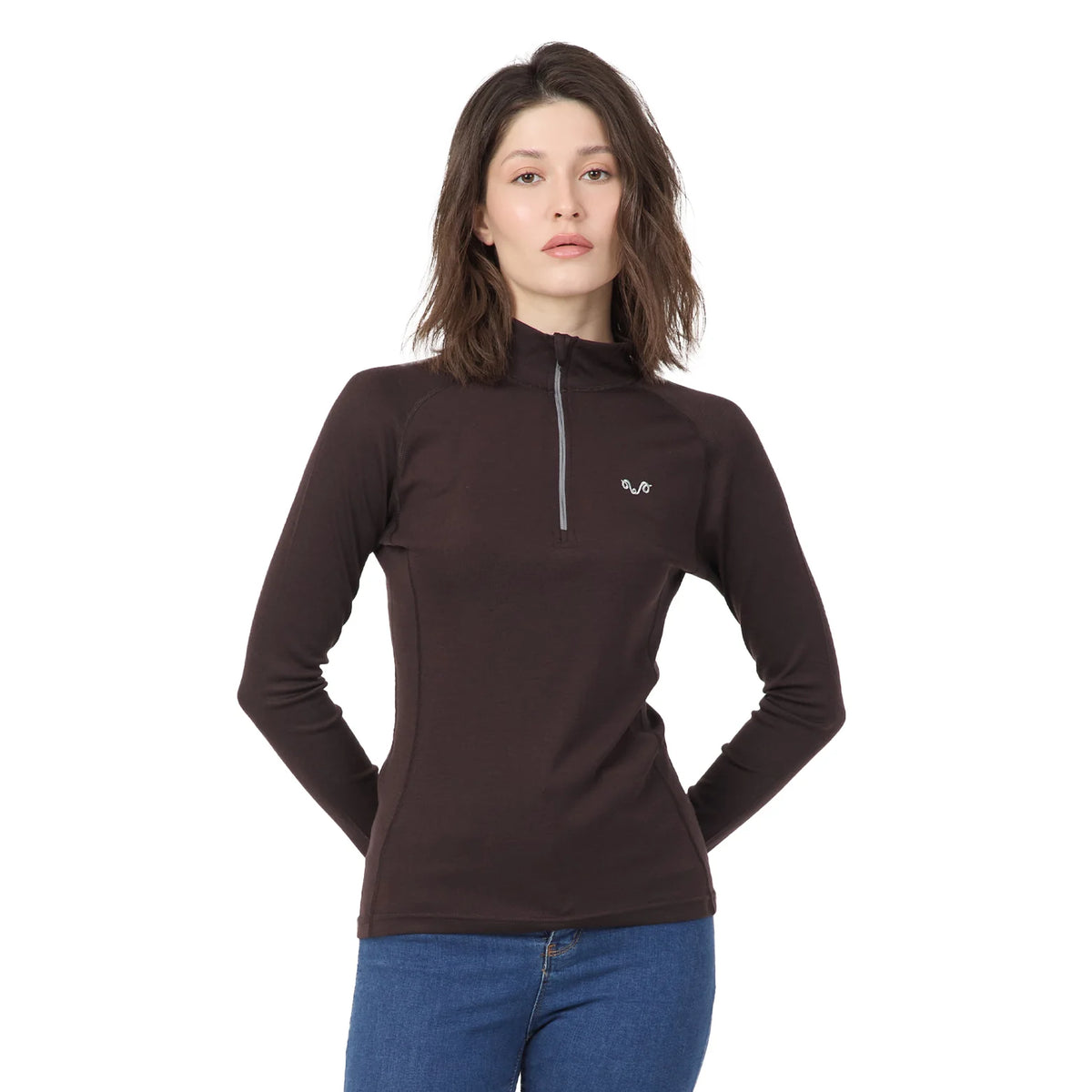 Brązowa damska koszulka z zamkiem YKK ze 100% wełny merino 195 g/m²