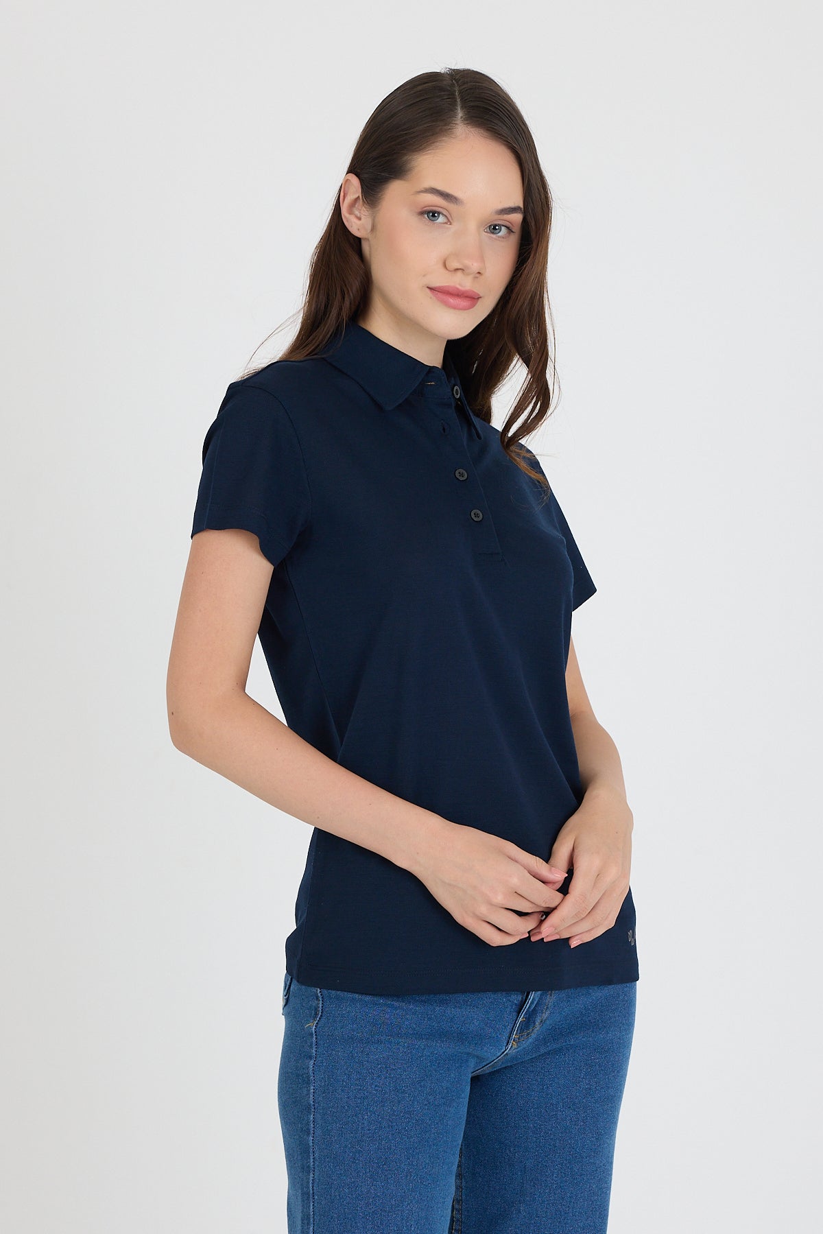 Granatowa damska koszulka polo merino w stylu casual