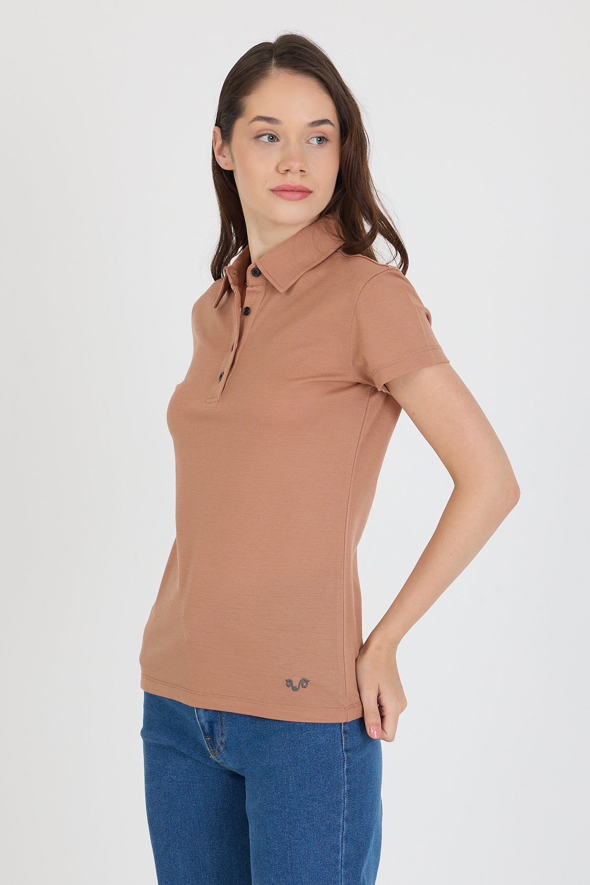 Brązowa damska koszulka polo ze 100% wełny merino 170 g/m²