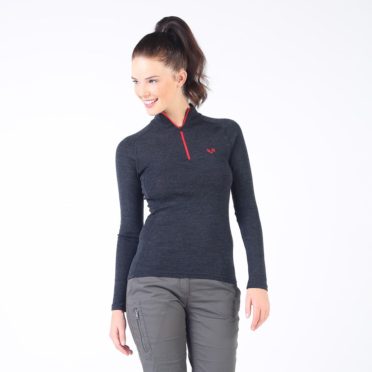 Antracytowa damska koszulka z zamkiem YKK ze 100% wełny merino 195 g/m² długi rękaw