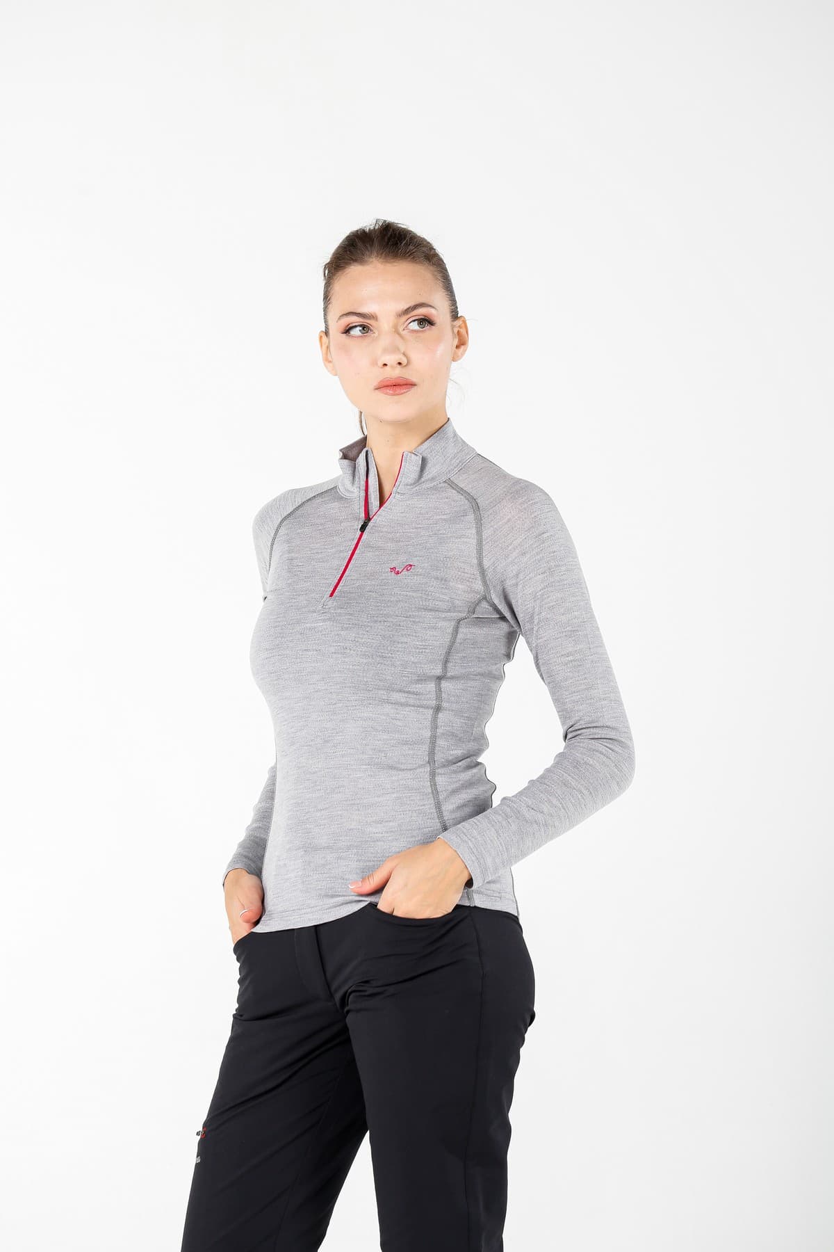 Jasnoszara damska koszulka z zamkiem YKK ze 100% wełny merino 195 g/m²
