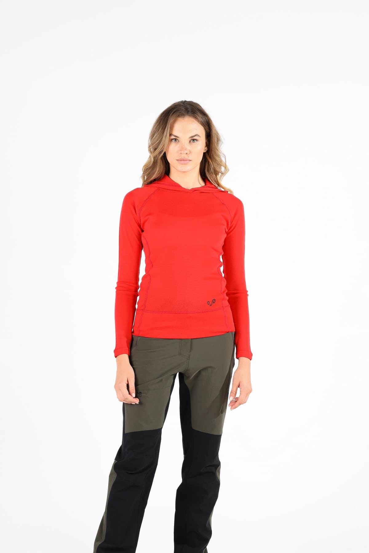 Czerwona damska koszulka z kapturem ze 100% wełny merino 195 g/m²