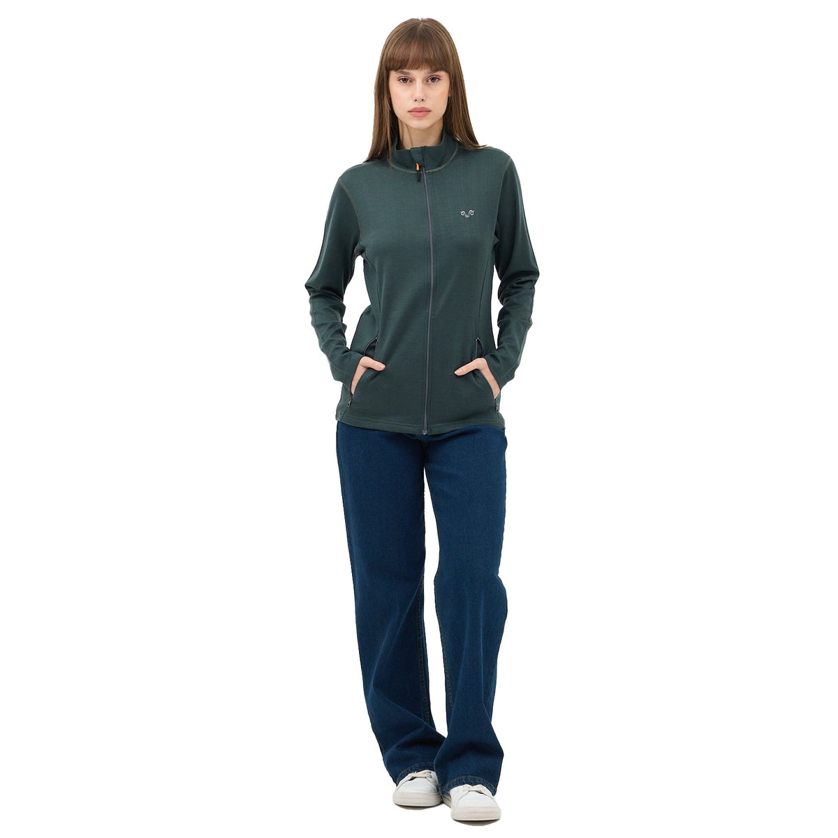 Zielona kurtka ze 100% wełny merino 250 g/m² do jeansów – cała sylwetka