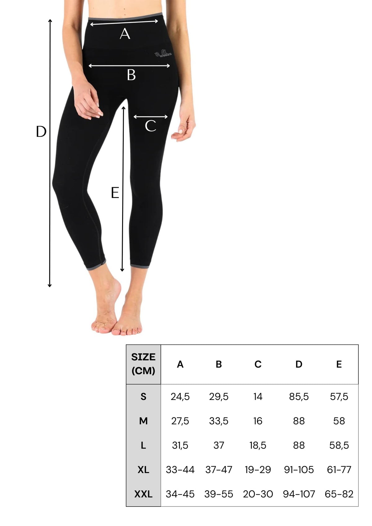 Damskie legginsy merino z wysokim stanem w kolorze czarnym-tabela rozmiarów