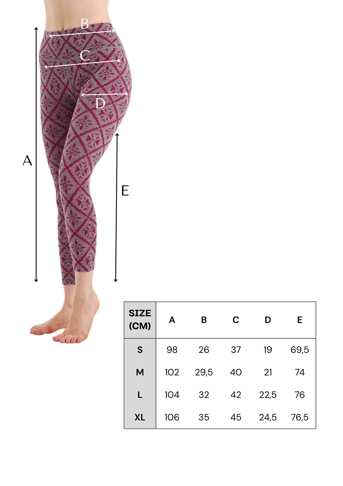 Tabela rozmiarów różowych damskich legginsów termoaktywnych ze 100% wełny merino 230 g/m²