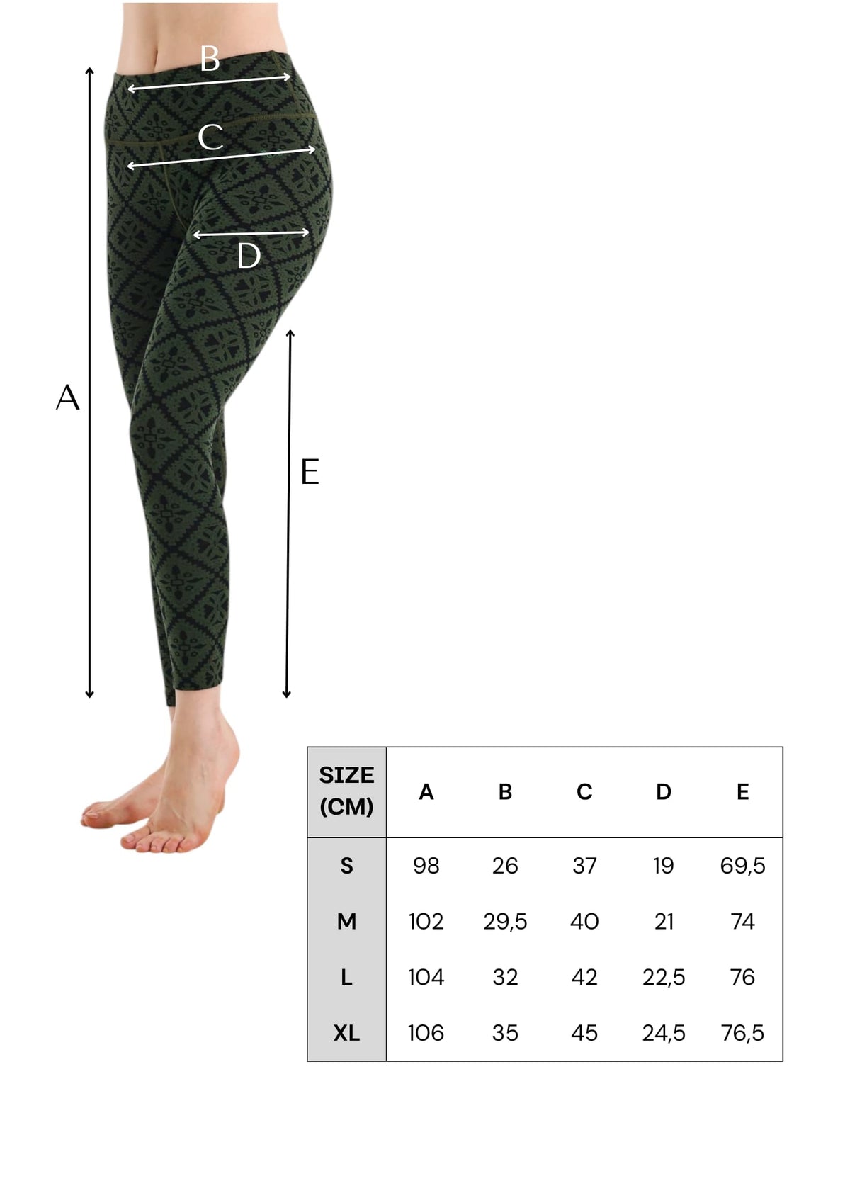 Tabela rozmiarów zielonych damskich legginsów termoaktywnych ze 100% wełny merino 230 g/m²