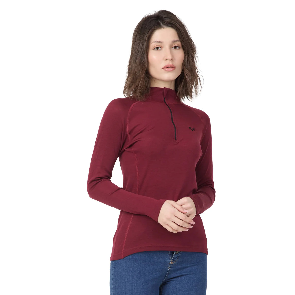 Śliwkowa damska koszulka termoaktywna z zamkiem YKK ze 100% wełny merino 195 g/m²