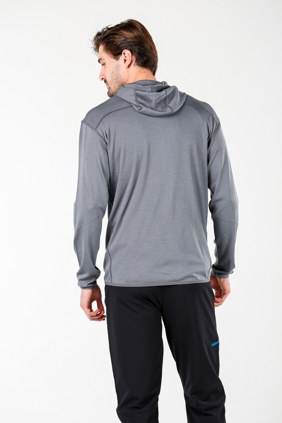 Męska bluza merino 230g z kapturem szara - widok z tyłu