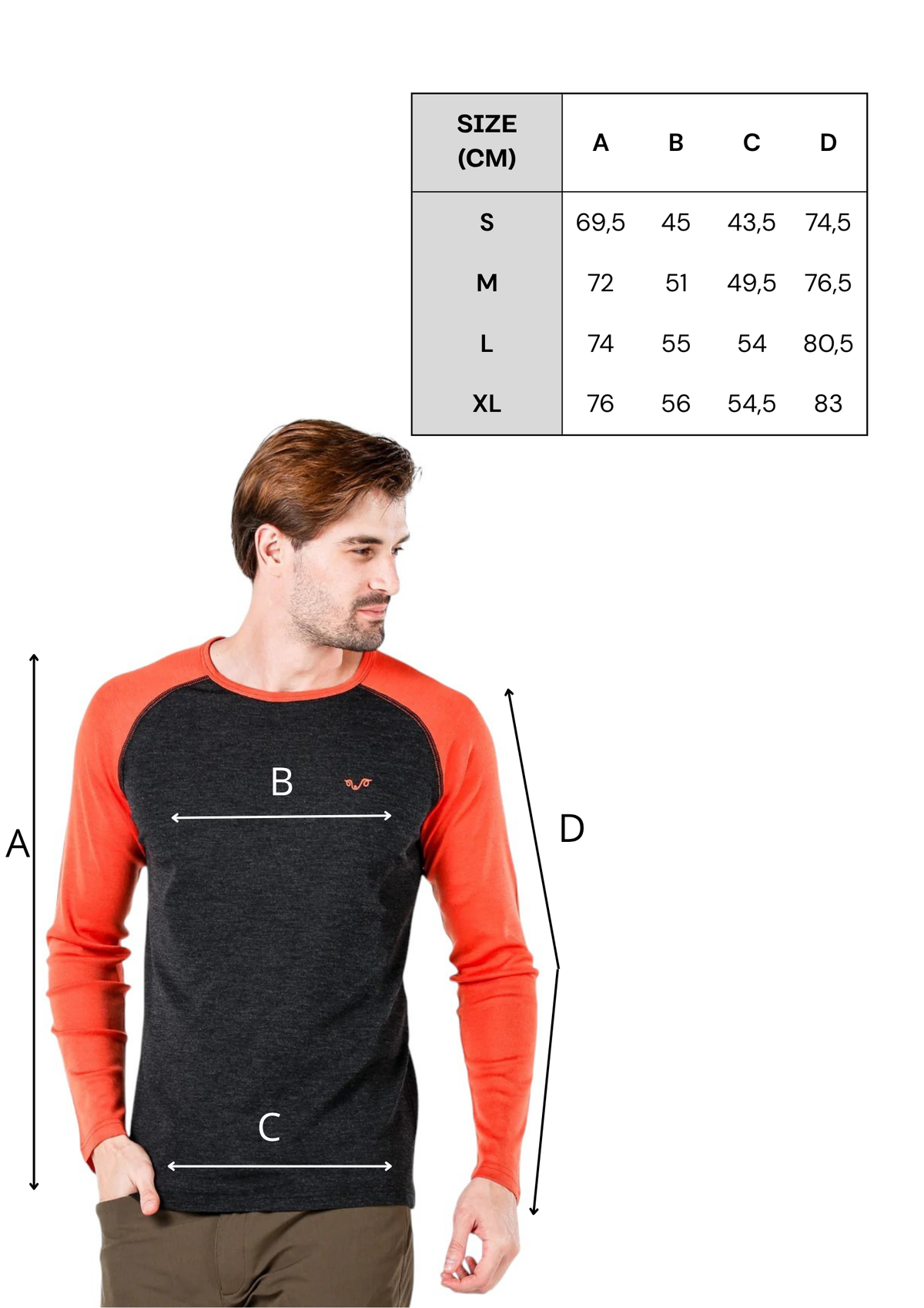 Męska koszulka merino 195 g/m² w kolorze antracytowym z pomarańczowymi rękawami-tabela rozmiarów