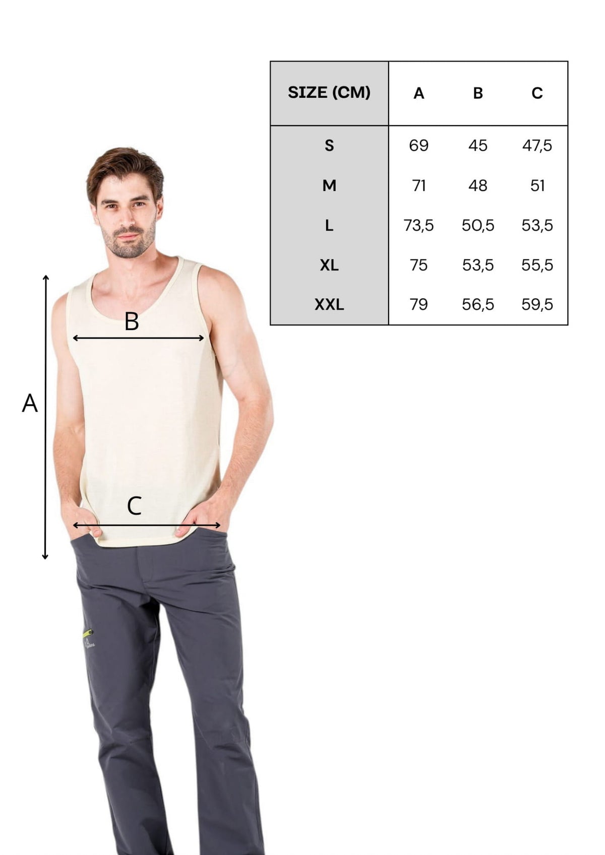 Tabela rozmiarów męskiej koszulki bez rękawów ze 100% wełny merino 195 g/m² w kolorze ecru