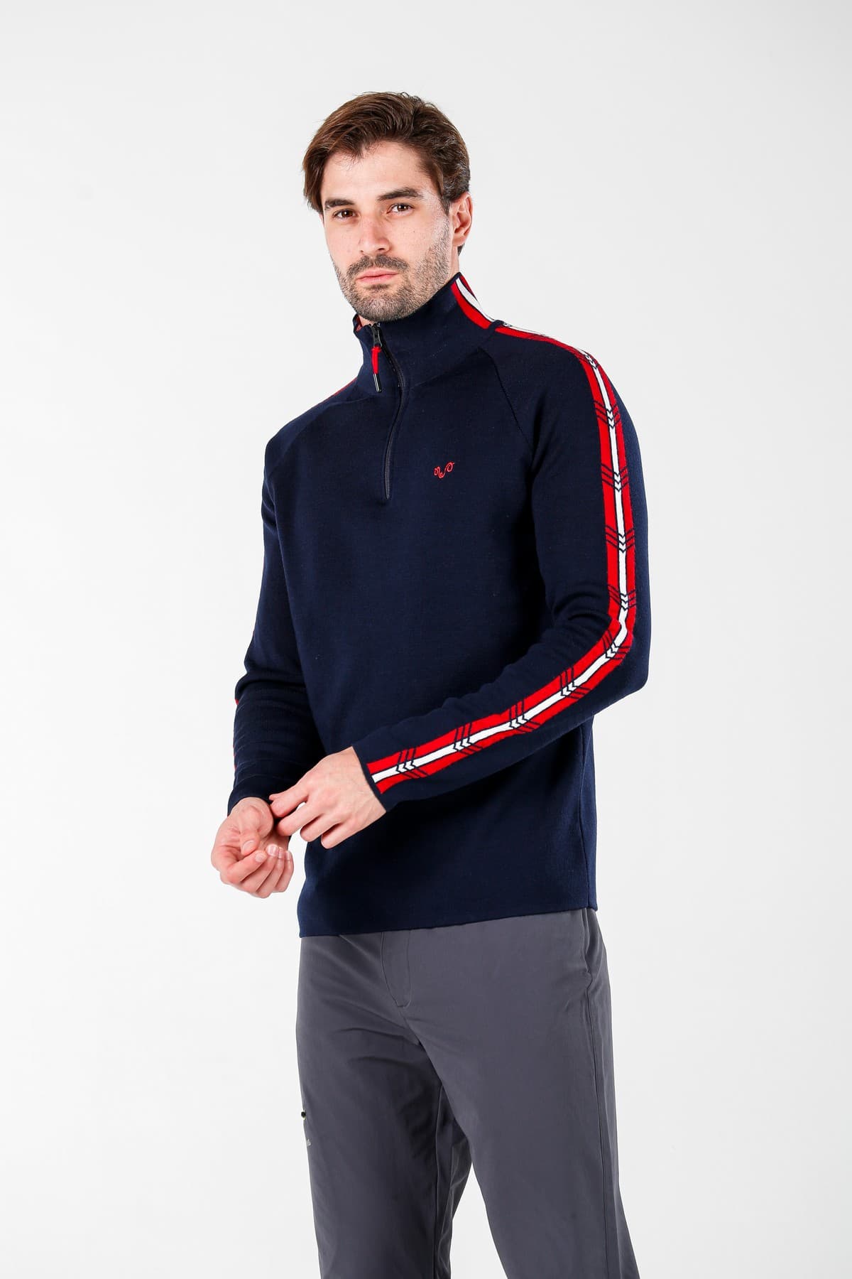 Granatowy gruby męski sweter ze 100% wełny merino