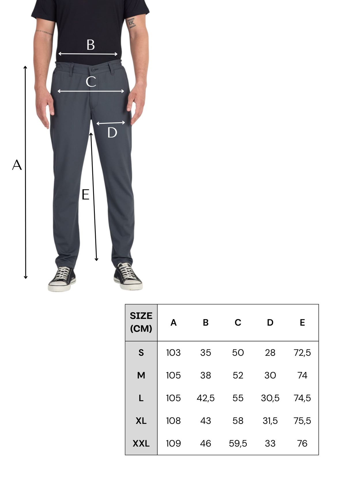 Tabela rozmiarów szarych męskich spodni chino z 45% wełny merino 200 g/m²