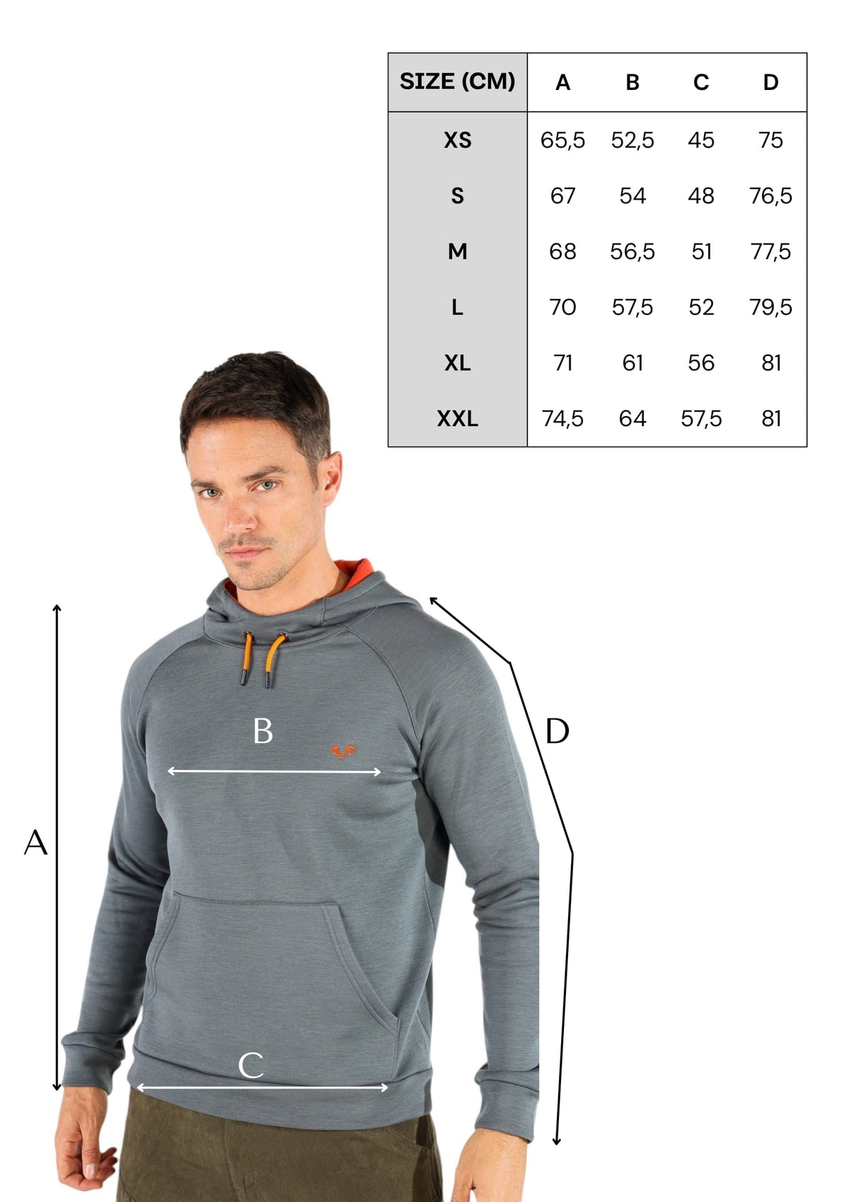 Tabela rozmiarów bluzy termicznej unisex z kapturem z wełny merino, rozmiary XS–XXL i wymiary A–D w cm