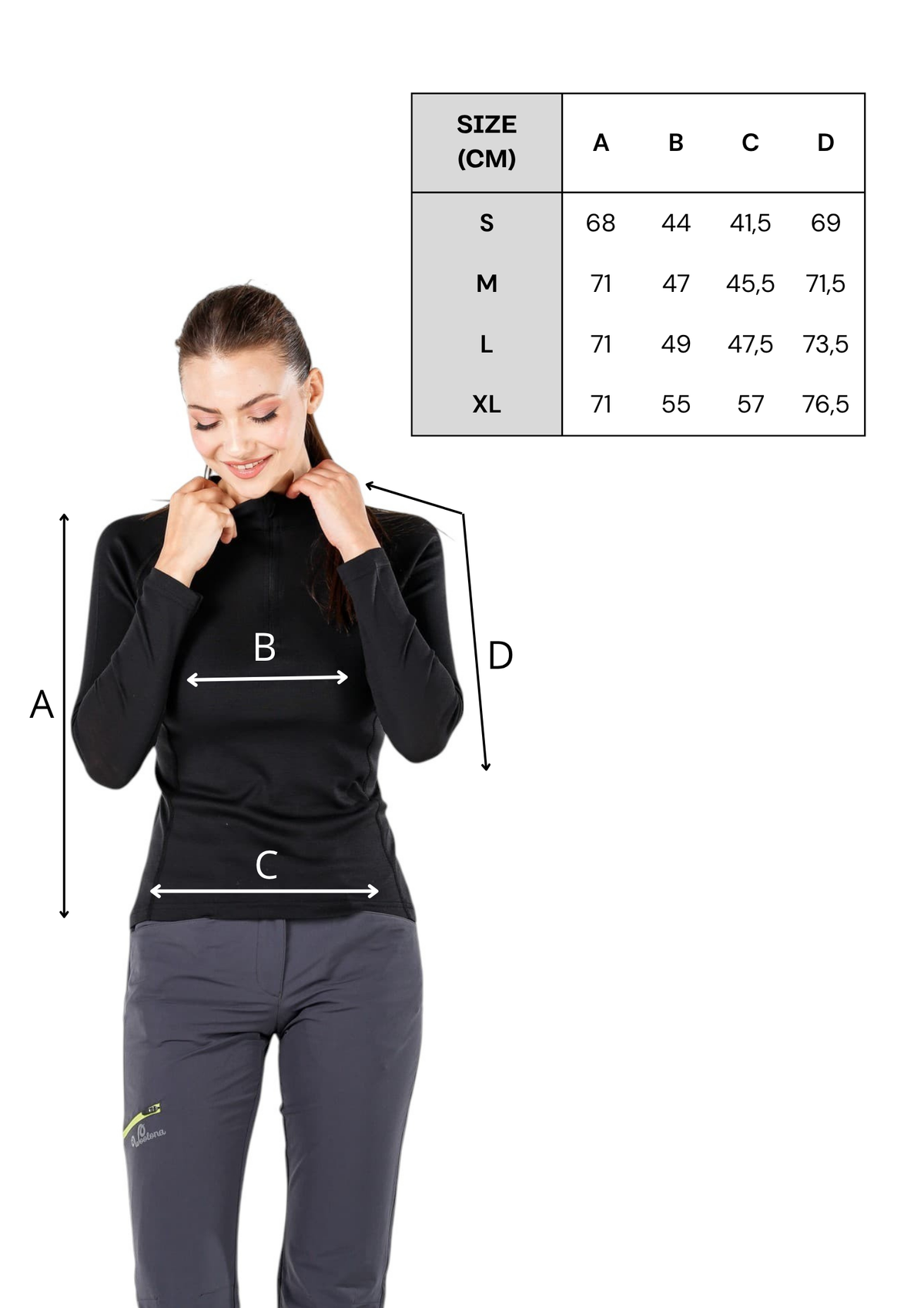 Tabela rozmiarów czarnej damskiej koszulki z zamkiem YKK ze 100% wełny merino 195 g/m² na rower