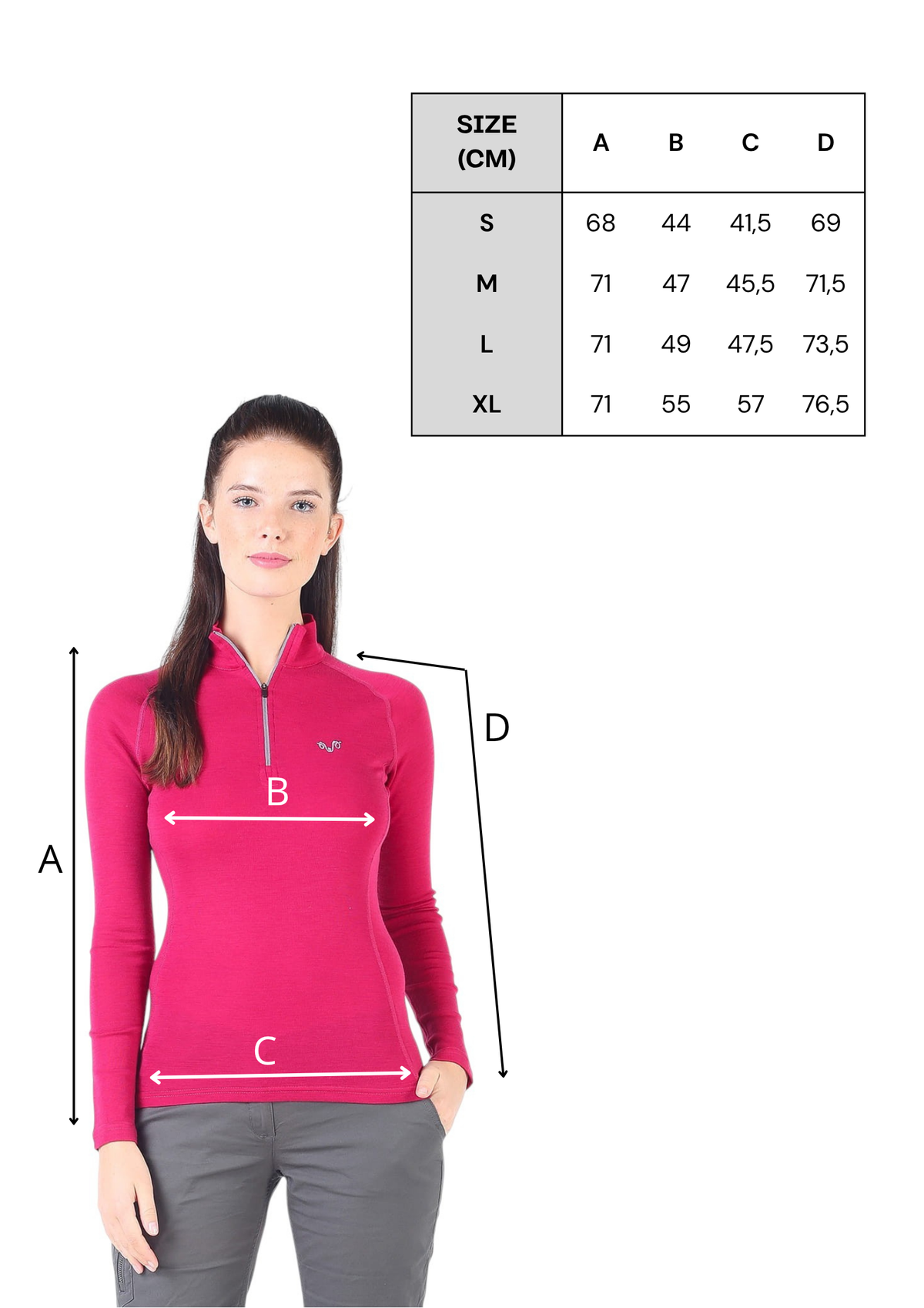 Tabela rozmiarów różowej damskiej koszulki z zamkiem YKK ze 100% wełny merino 195 g/m²