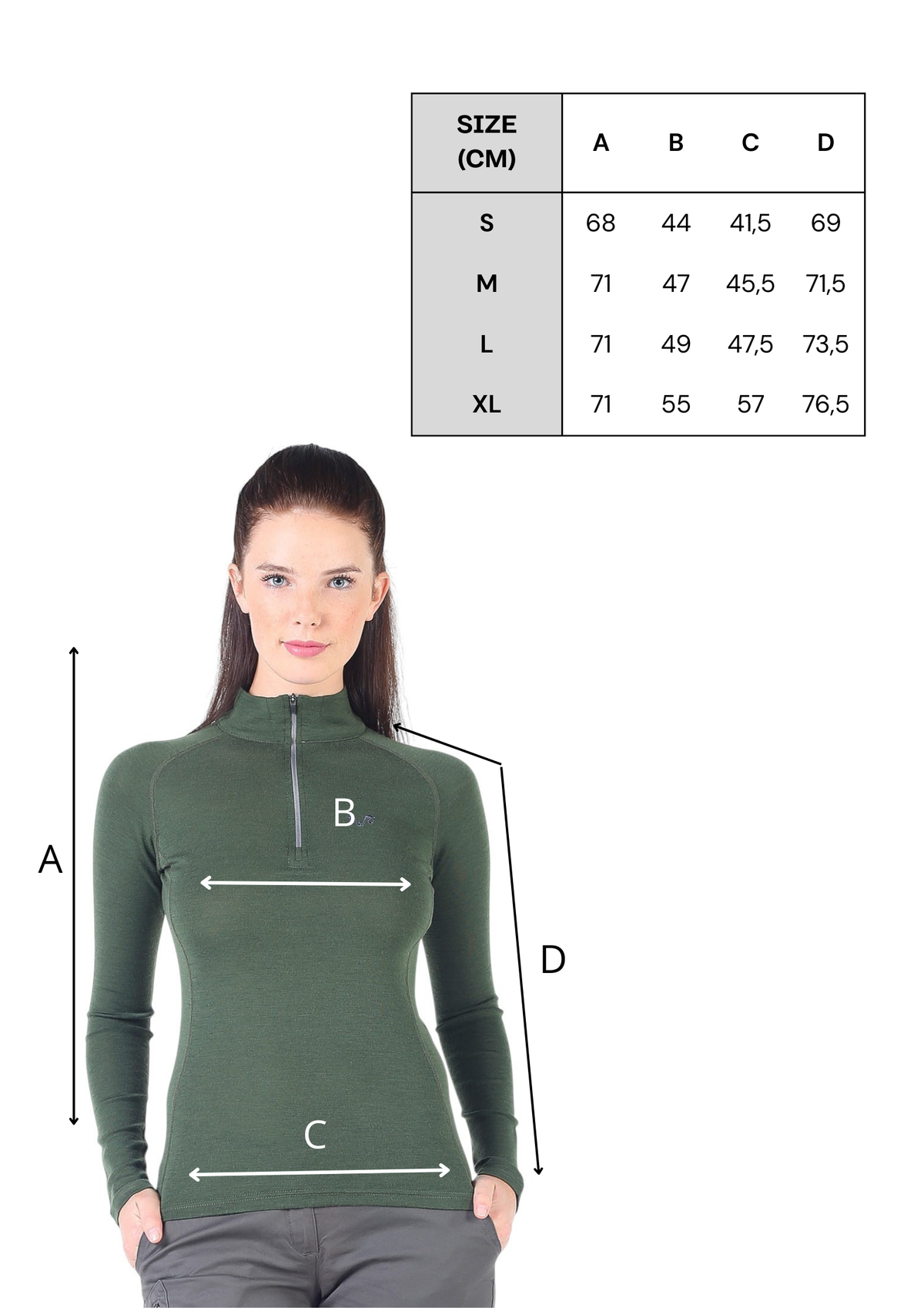 Tabela rozmiarów zielonej damskiej koszulki z zamkiem YKK ze 100% wełny merino 195 g/m²