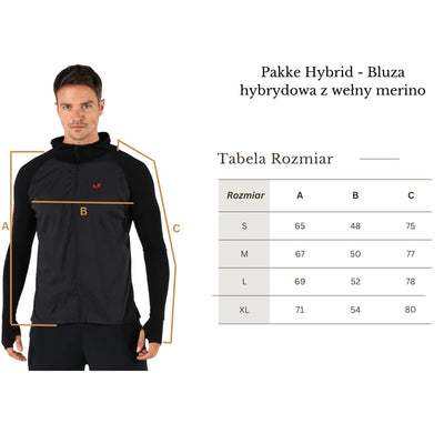 Tabela rozmiarów czarnej bluzy hybrydowej z wełny merino dla rowerzystów