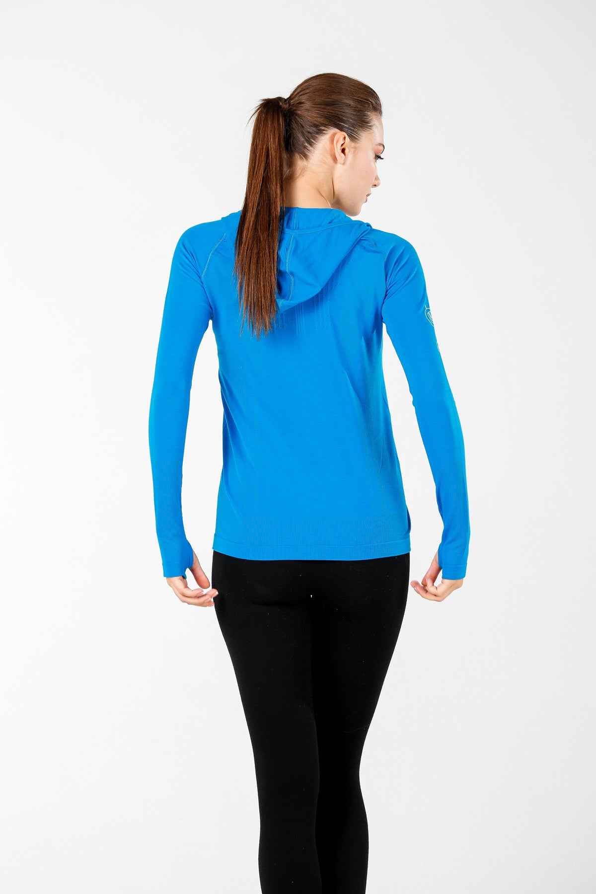 Niebieska damska bluza sportowa z wełny merino z kapturem