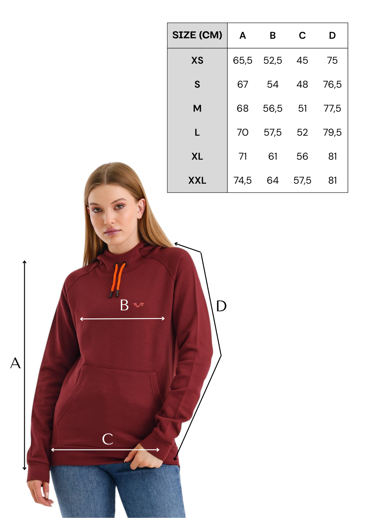 Tabela rozmiarów bordowej bluzy termicznej unisex z kapturem ze 100% wełny merino 260 g/m²