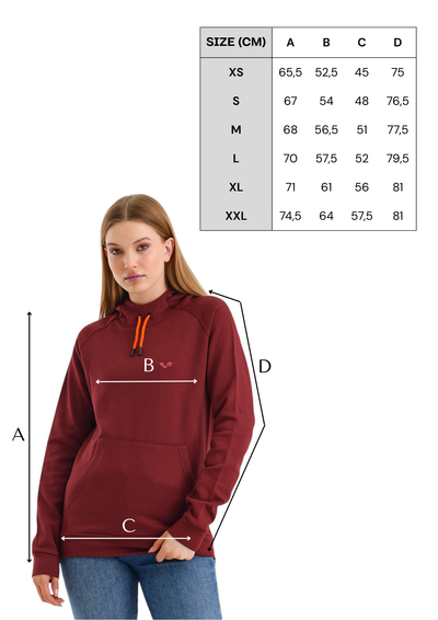 Tabela rozmiarów bordowej bluzy termicznej unisex z kapturem ze 100% wełny merino 260 g/m²