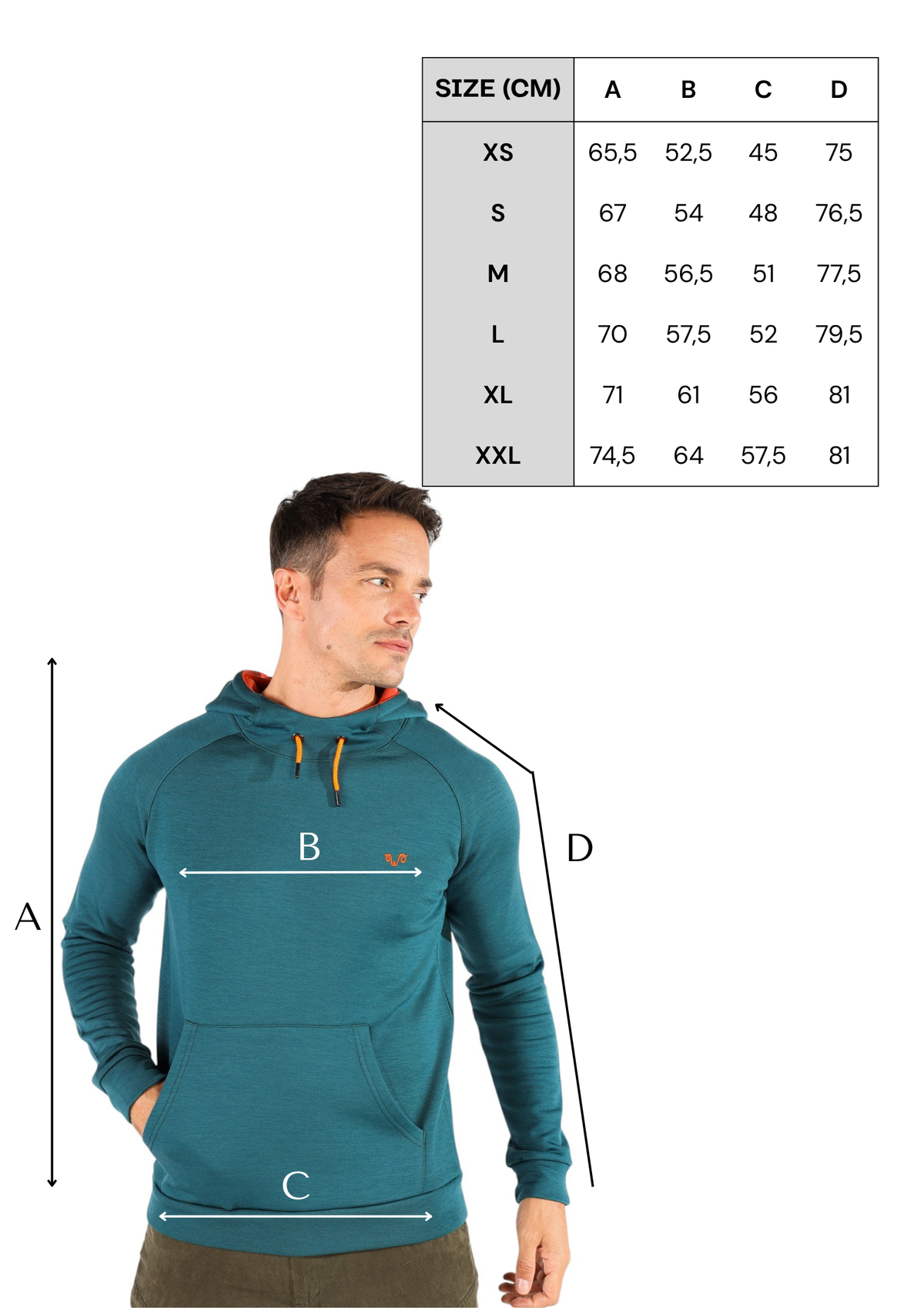 Tabela rozmiarów zielonej bluzy termicznej unisex z kapturem ze 100% wełny merino 260 g/m²