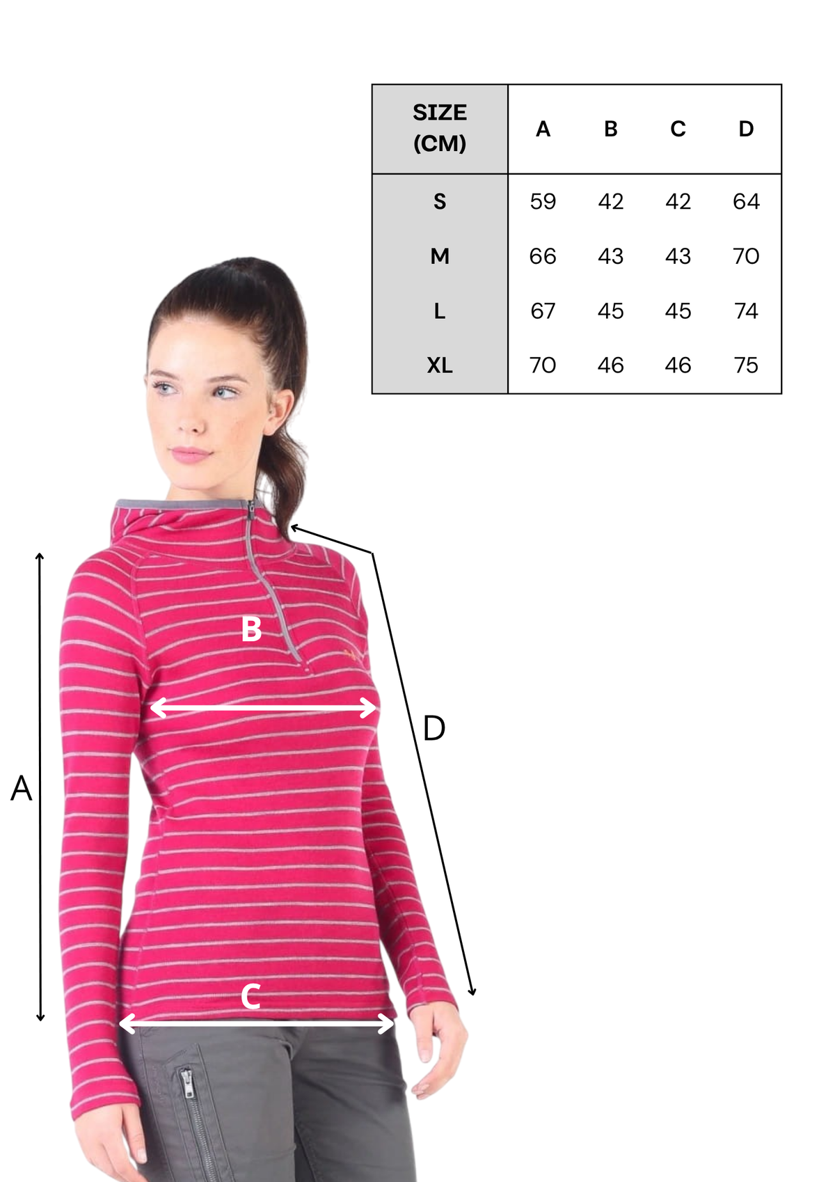 Tabela rozmiarów różowej damskiej bluzy z kapturem ze 100% wełny merino 230 g/m² w paski