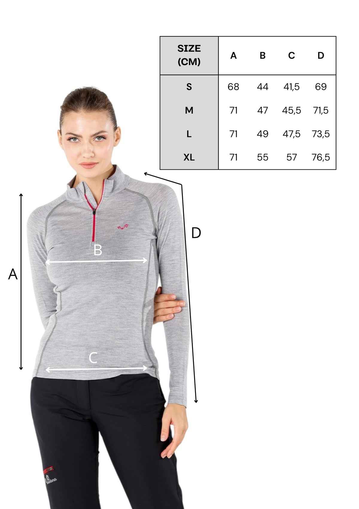 Tabela rozmiarów jasnoszarej damskiej koszulki z zamkiem YKK ze 100% wełny merino 195 g/m²