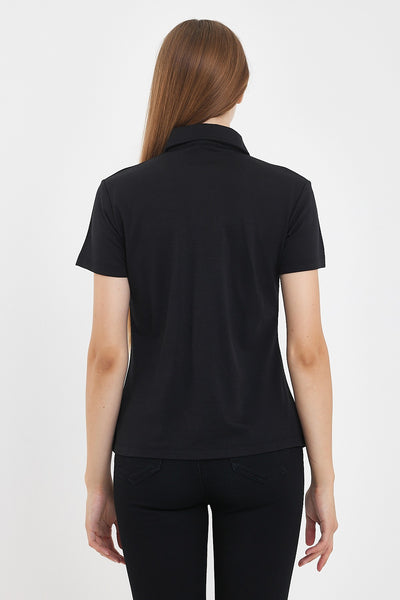 Czarna damska koszulka polo ze 100% wełny merino w stylu casual