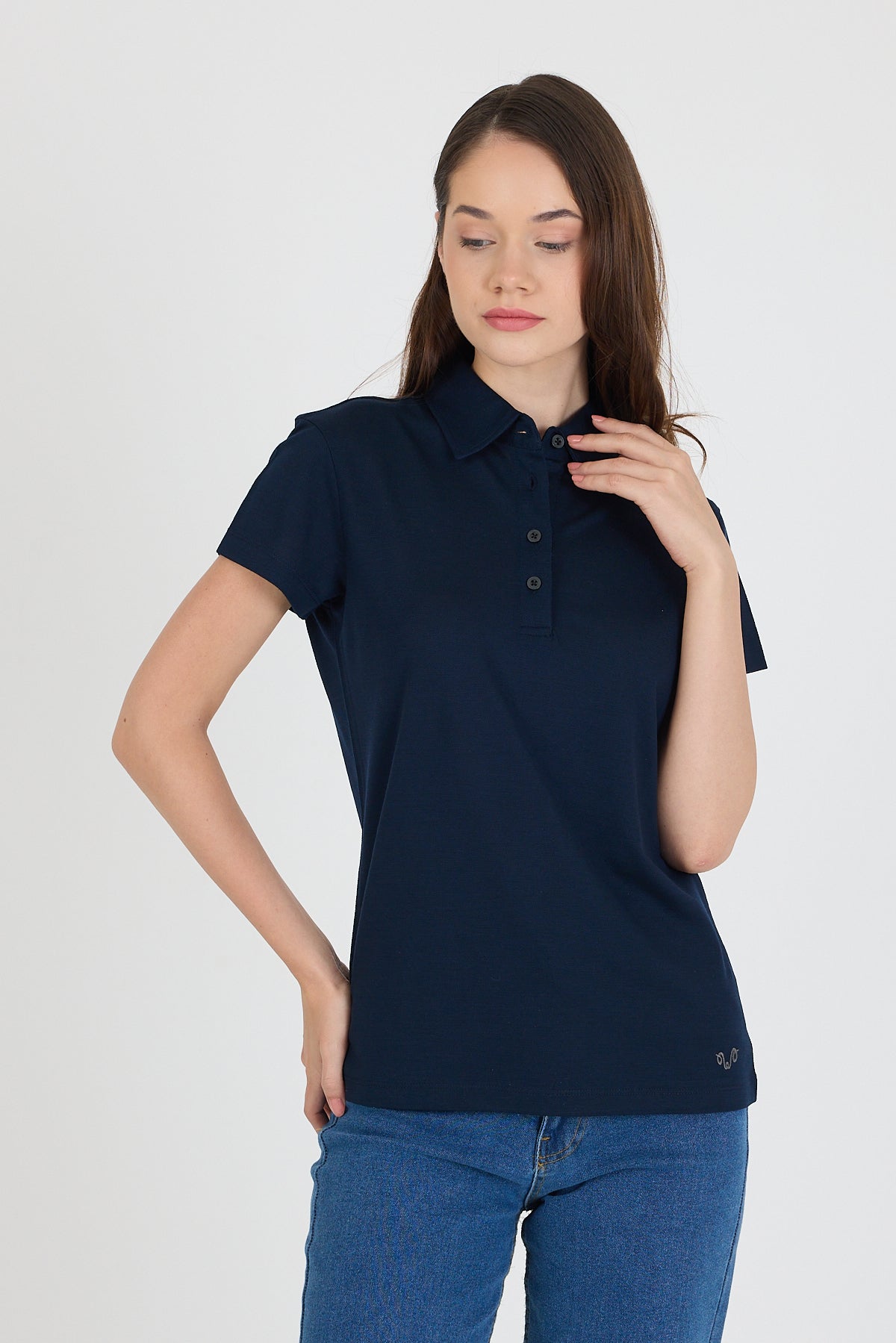 Granatowa damska koszulka polo ze 100% wełny merino 170 g/m²