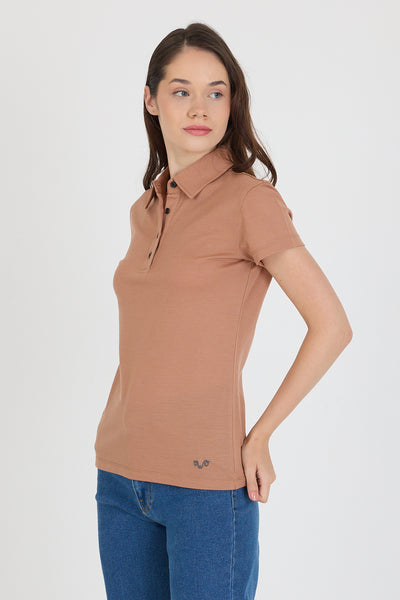 Brązowa damska koszulka polo ze 100% wełny merino 170 g/m²