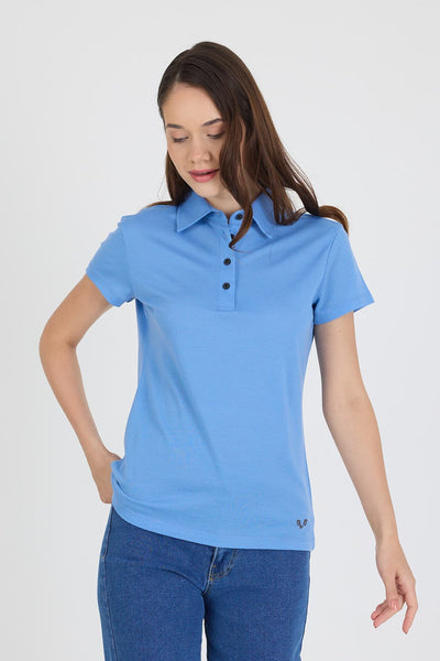 Niebieska damska koszulka polo ze 100% wełny merino 170 g/m²