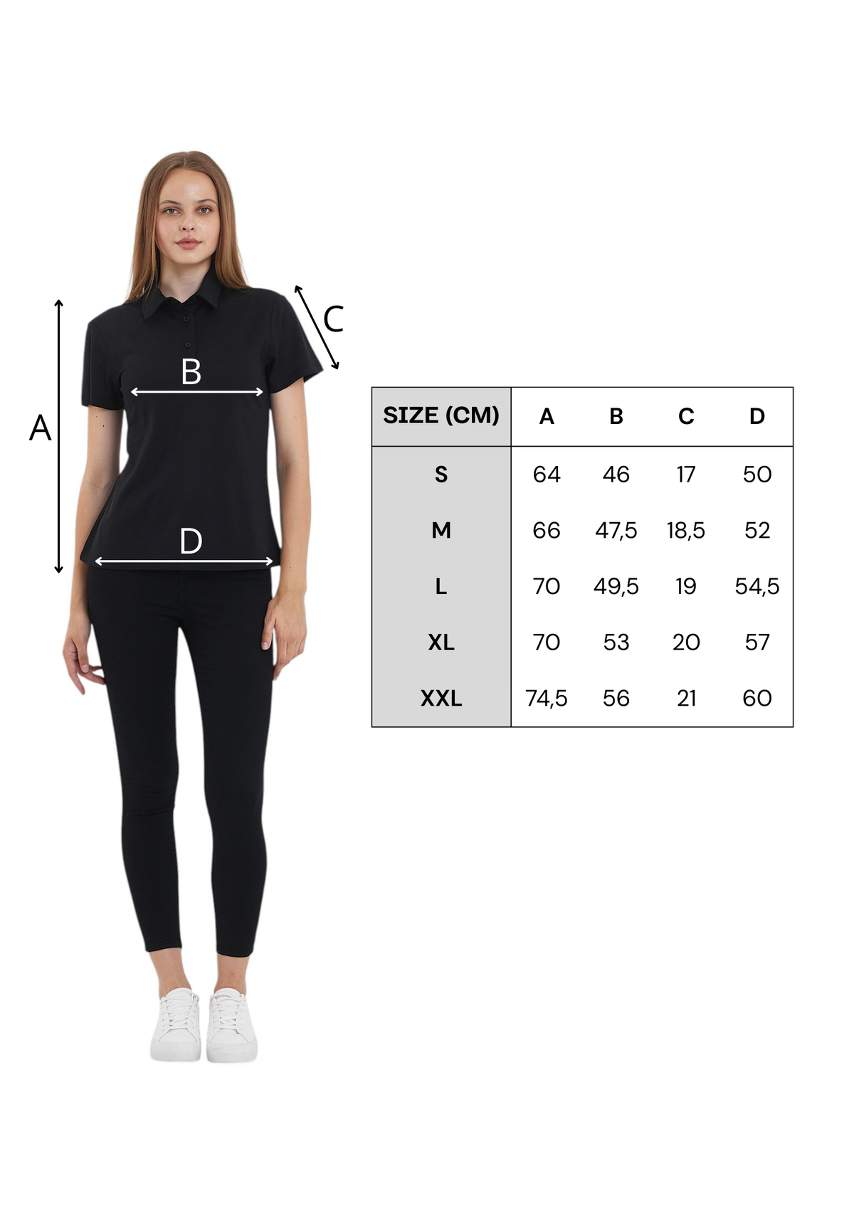 Tabela rozmiarów czarnej damskiej koszulki polo ze 100% wełny merino 170 g/m²