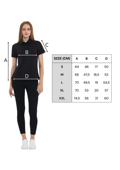 Tabela rozmiarów czarnej damskiej koszulki polo ze 100% wełny merino 170 g/m²