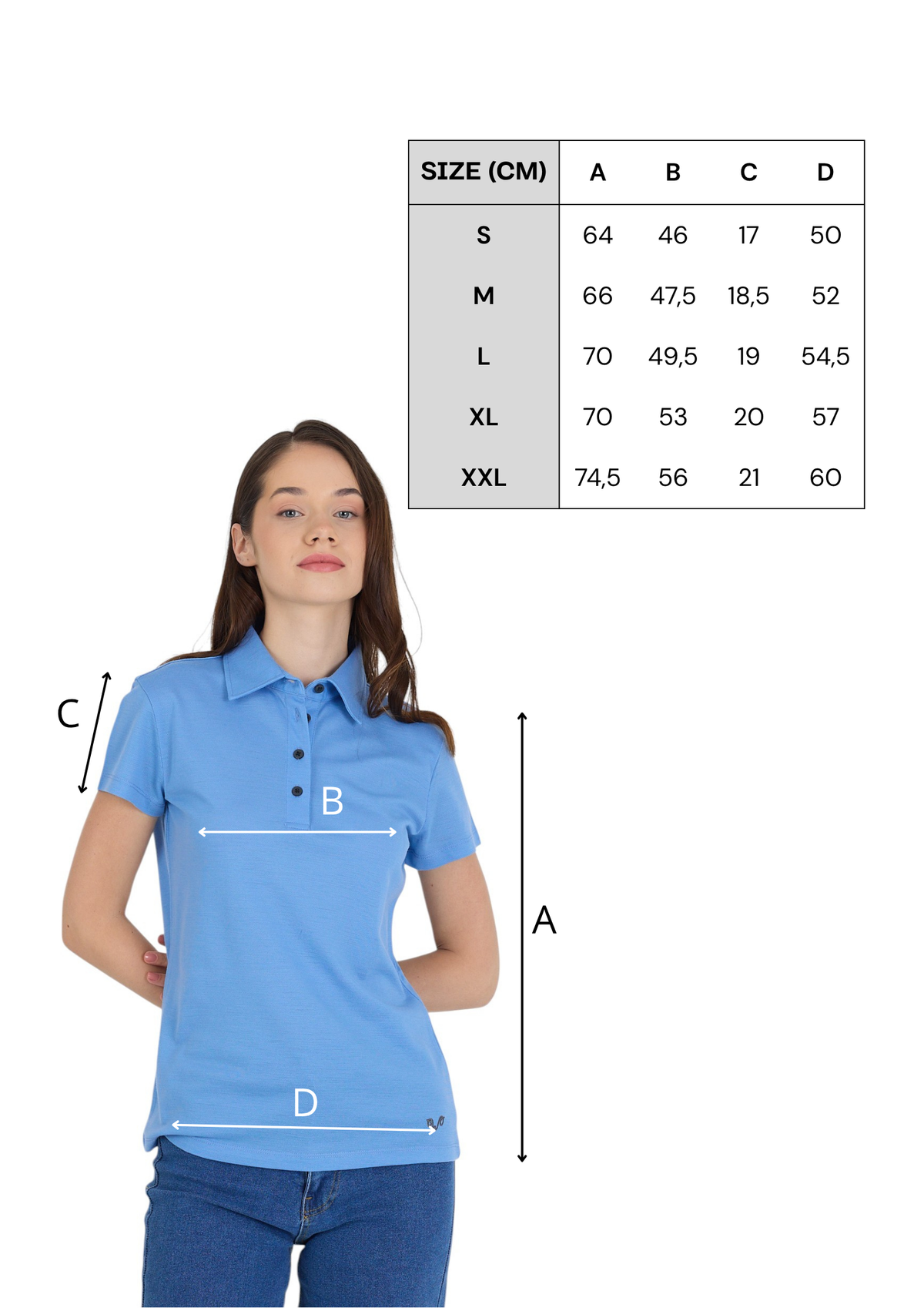 Tabela rozmiarów niebieskiej damskiej koszulki polo ze 100% wełny merino 170 g/m²