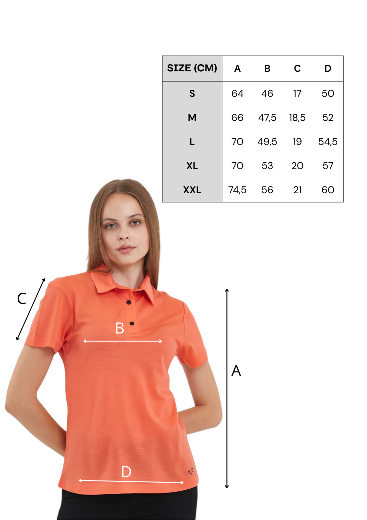 Tabela rozmiarów pomarańczowej damskiej koszulki polo ze 100% wełny merino 170 g/m²