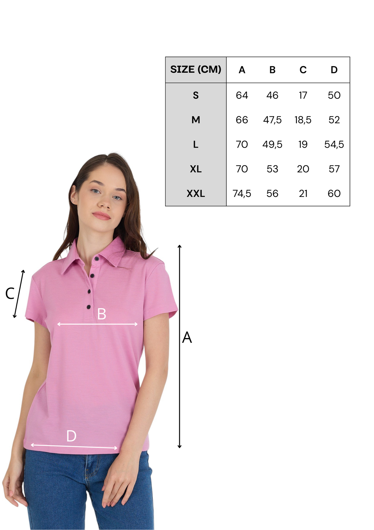 Tabela rozmiarów różowej damskiej koszulki polo ze 100% wełny merino 170 g/m²