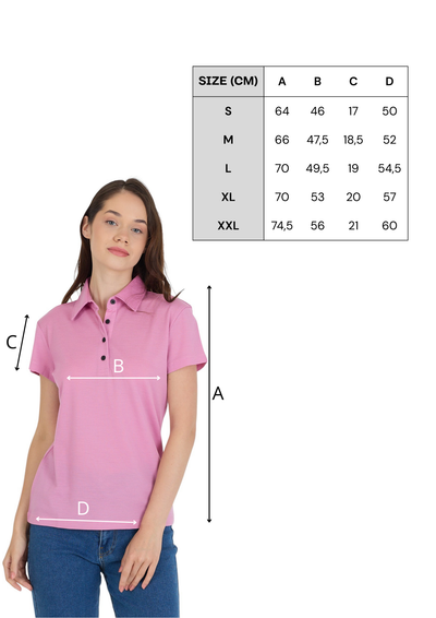 Tabela rozmiarów różowej damskiej koszulki polo ze 100% wełny merino 170 g/m²