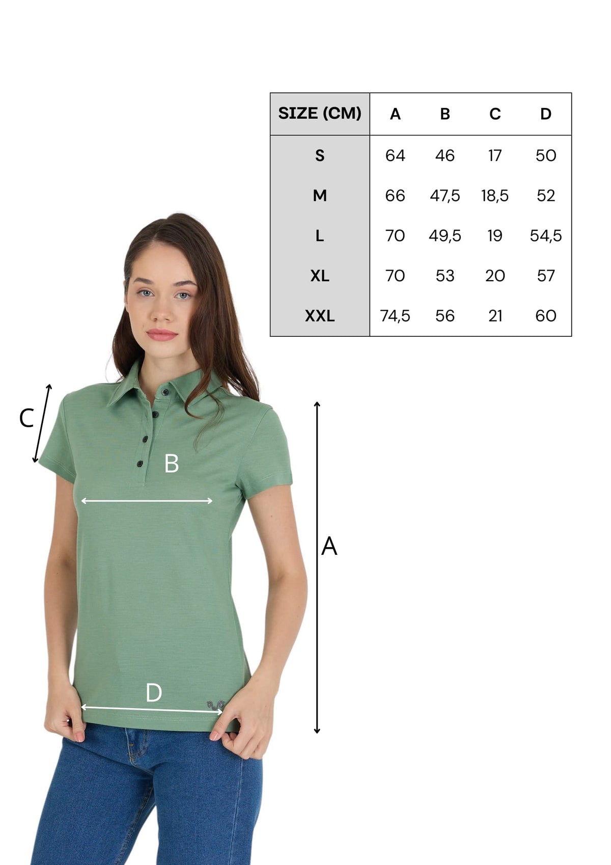 Tabela rozmiarów zielonej damskiej koszulki polo ze 100% wełny merino 170 g/m²