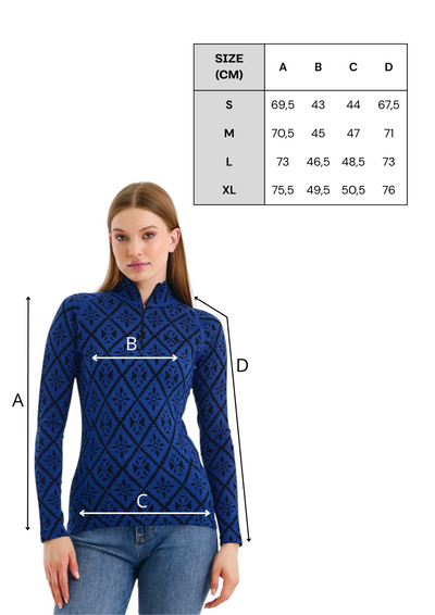 Tabela rozmiarów niebieskiej damskiej koszulki ze 100% wełny merino 230 g/m² z długim rękawem