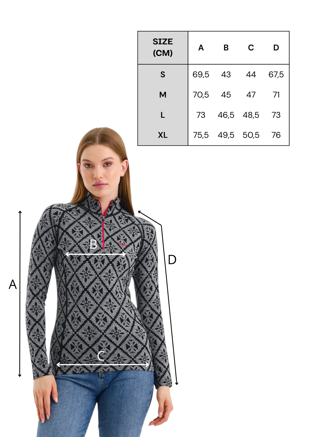 Tabela rozmiarów szarej damskiej koszulki termoaktywnej ze 100% wełny merino 230 g/m²