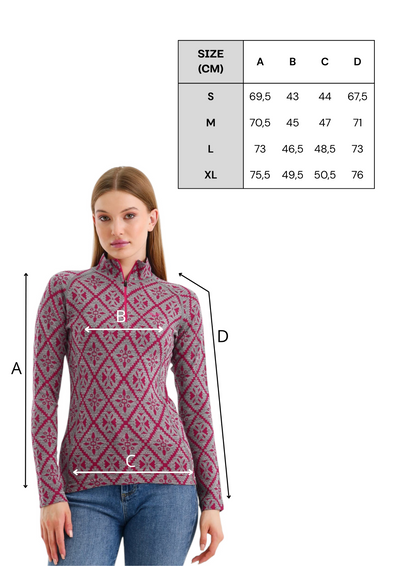 Tabela rozmiarów różowej damskiej koszulki merino 230 g/m² z długim rękawem