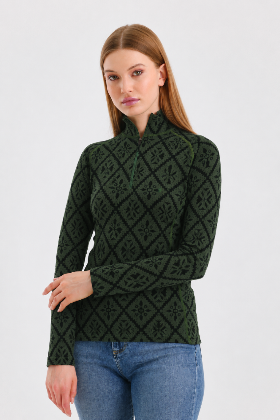 Zielona damska koszulka termoaktywna ze 100% wełny merino 230 g/m² z półgolfem na zamek