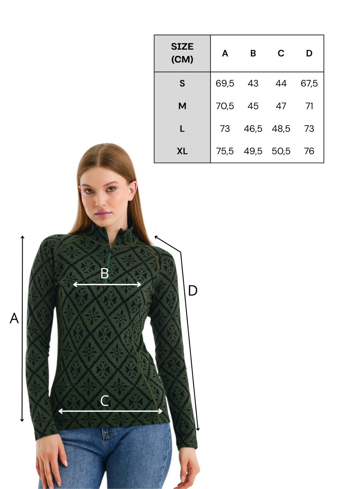 Tabela rozmiarów zielonej damskiej koszulki termoaktywnej ze 100% wełny merino 230 g/m²