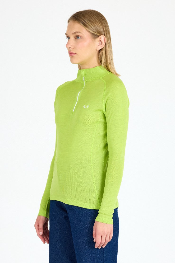 Damska koszulka ze 100% wełny merino z zamkiem YKK w kolorze limonkowym, longsleeve