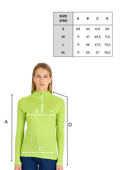 Tabela rozmiarów limonkowej damskiej koszulki z zamkiem YKK ze 100% wełny merino 195 g/m²