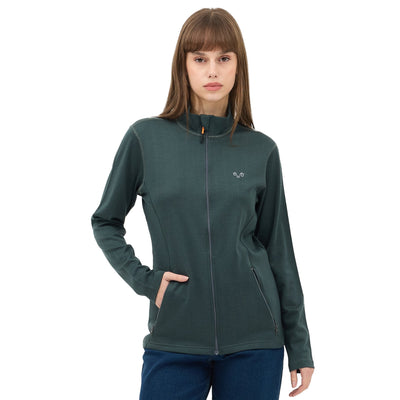 Zielona damska kurtka ze 100% wełny merino Hybrid – widok z przodu 